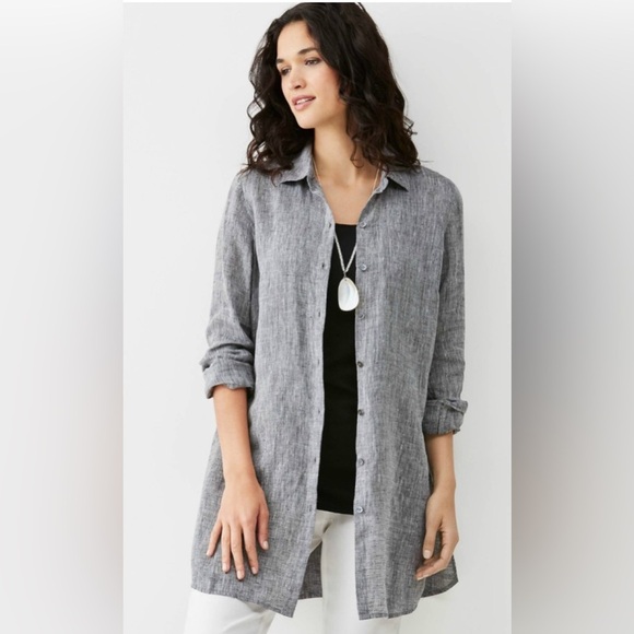 J. Jill love linen 100% linen button down tunic shirt Size Medium gray charcoal - Picture 1 of 7